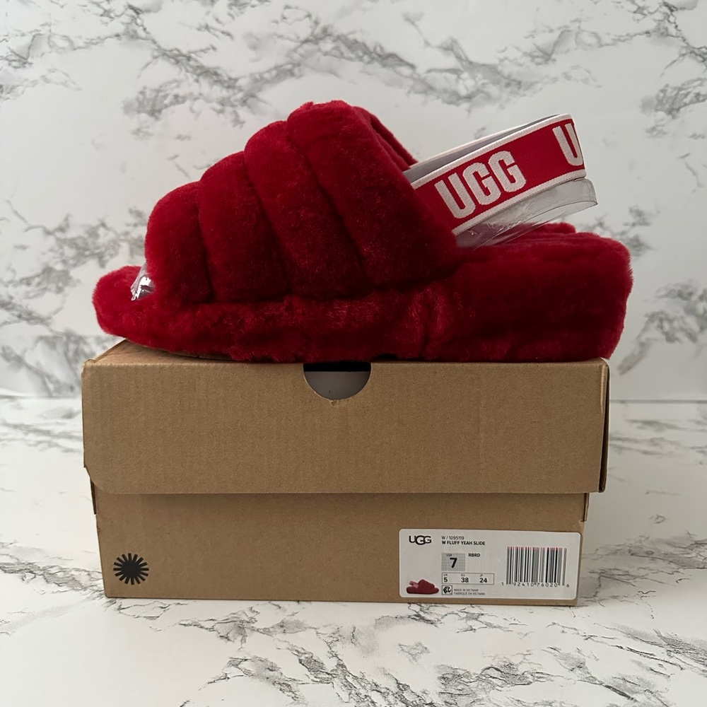 UGG Fluff Yeah Red Slingback Slippers Slides - Picture 7 of 8